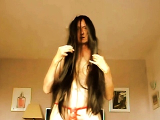 Crossdressing Nude With A Very Long Black Wig free video